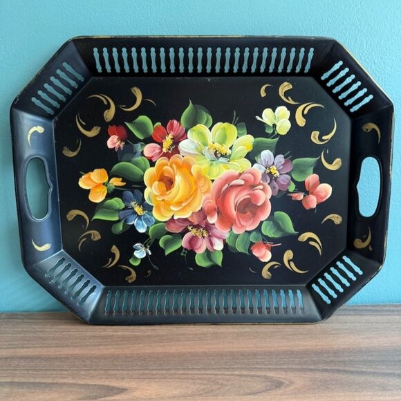 Vintage Toile Reticulated Tray 17.5 x 13.5 Black Floral Handles Toil - Picture 1 of 9